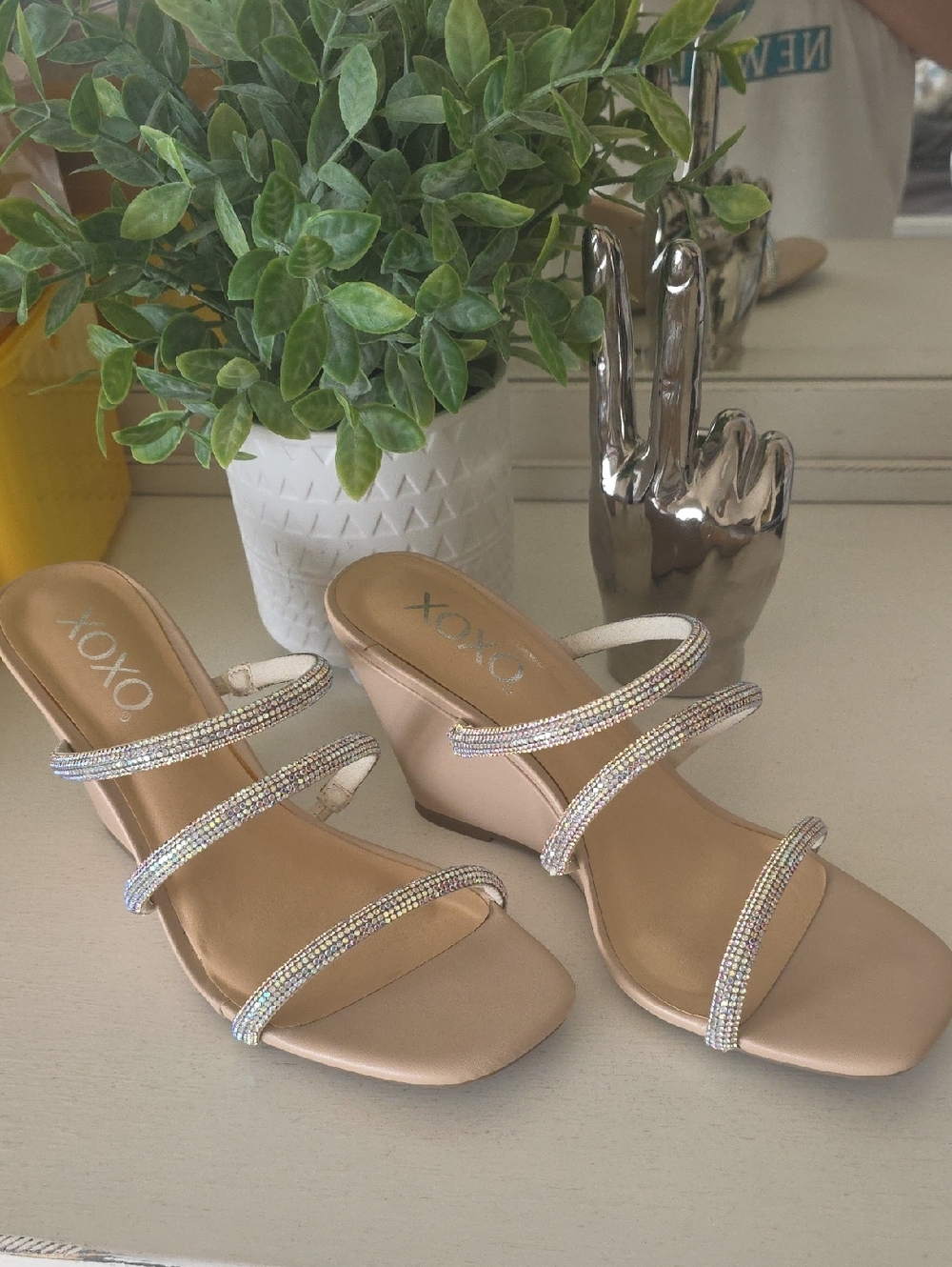 XOXO Champagne Tan Wedge Sandals with Sparkling Straps